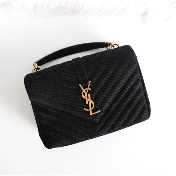Saint Laurent YSL College Medium YSL Striped Black Suede Satchel Bag - Picture 1 of 13